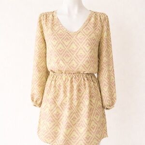 Rebecca Taylor Open Back Geometric Print Dress Silk Chiffon Long Sleeve